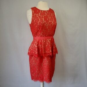 Eliza J. Lace Overlay Sheath Dress w/ Peplum Coral Size 6